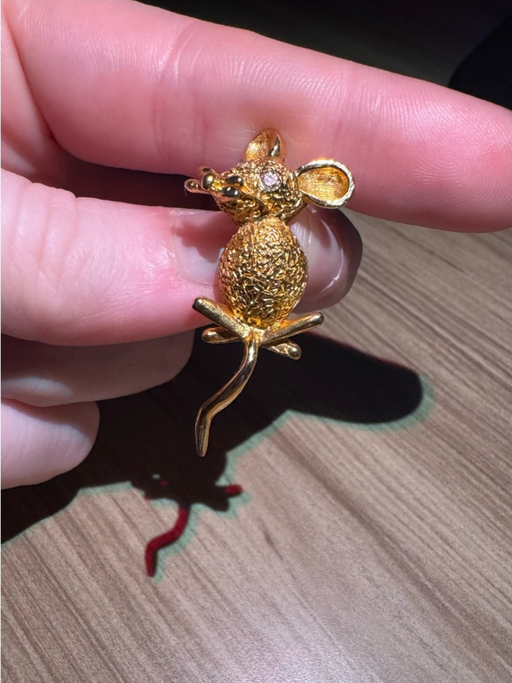 Gold-tone Mouse Brooch with Rhinestone Eye